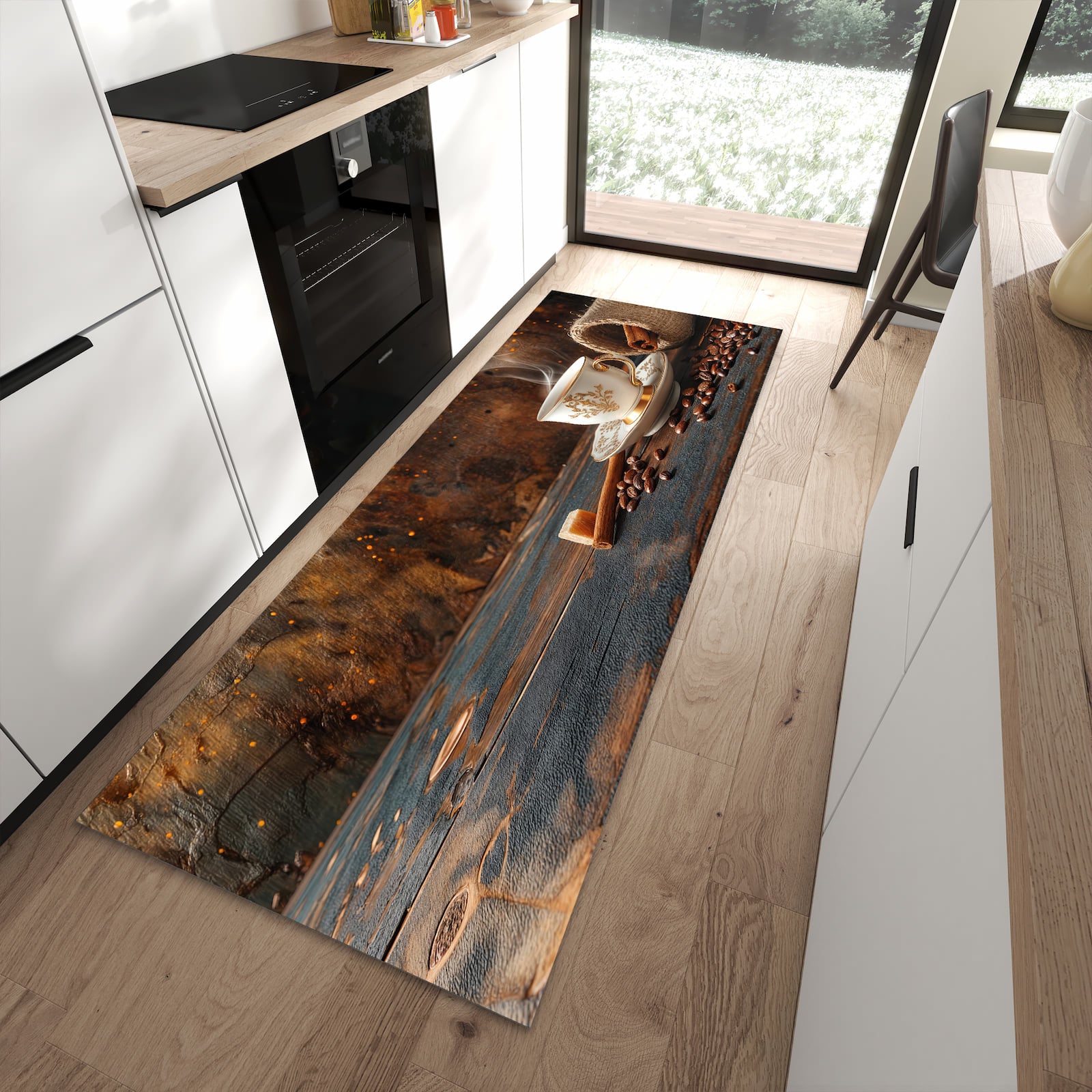 Flacher Küchenteppich mit Motiv Kaffee Und Zimt in moderner Küche - waschbar