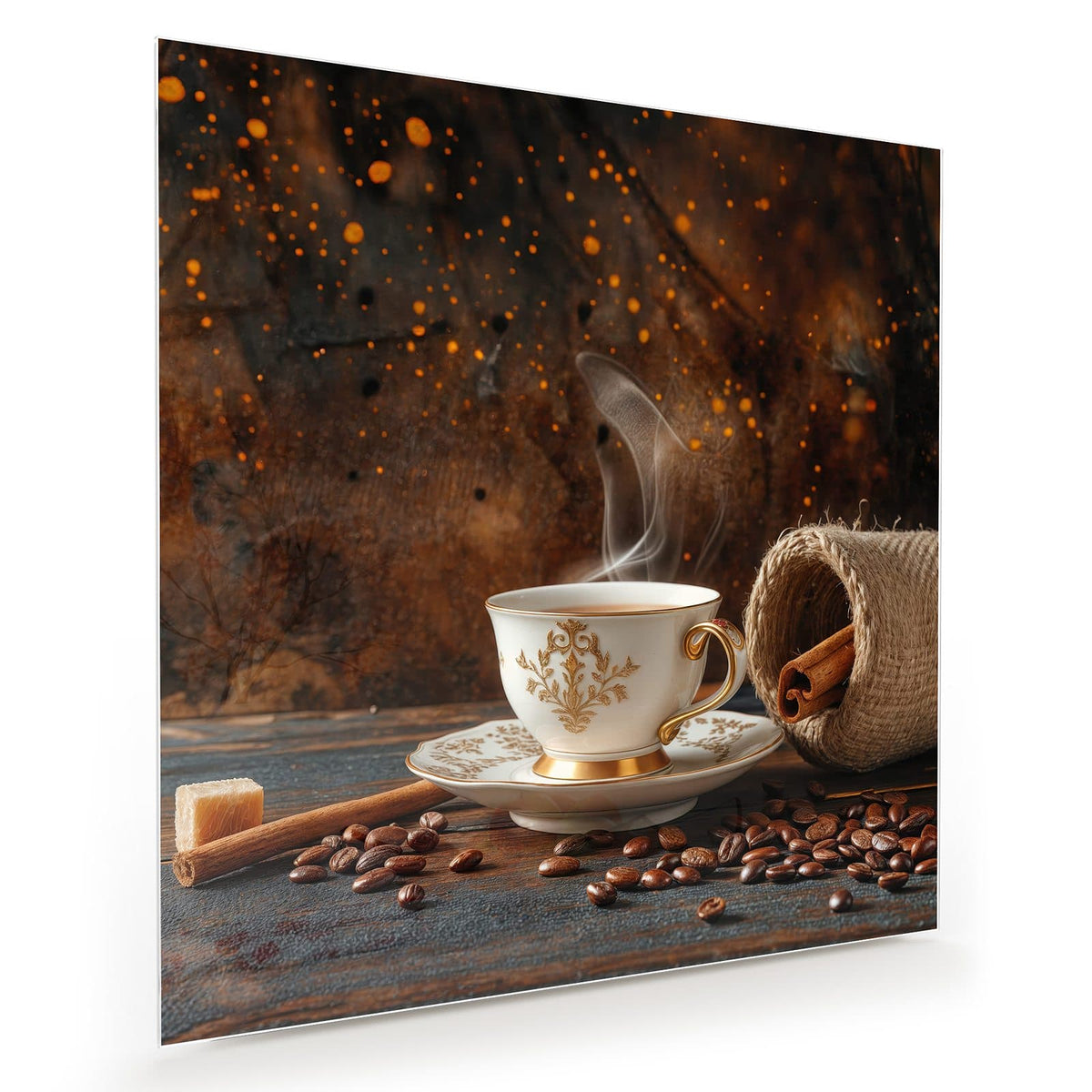 Weiß-goldene, verzierte Tasse mit Dampf, davor eine Zimtstange und brauner Zucker, rechts ein Jutesack mit Zimtstangen und Bohnen