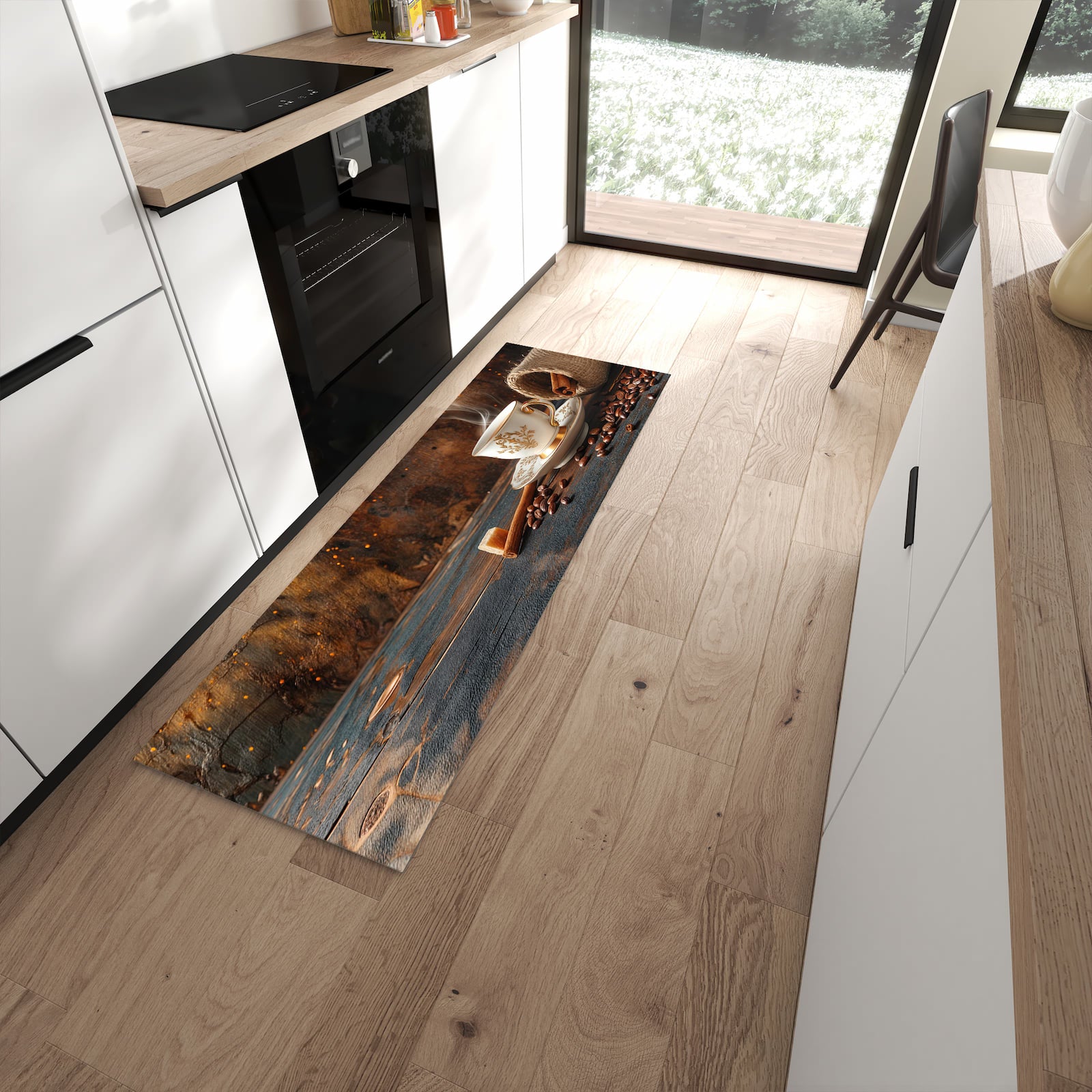 Waschbarer Teppich fürs Esszimmer mit Motiv Kaffee Und Zimt in moderner Küche