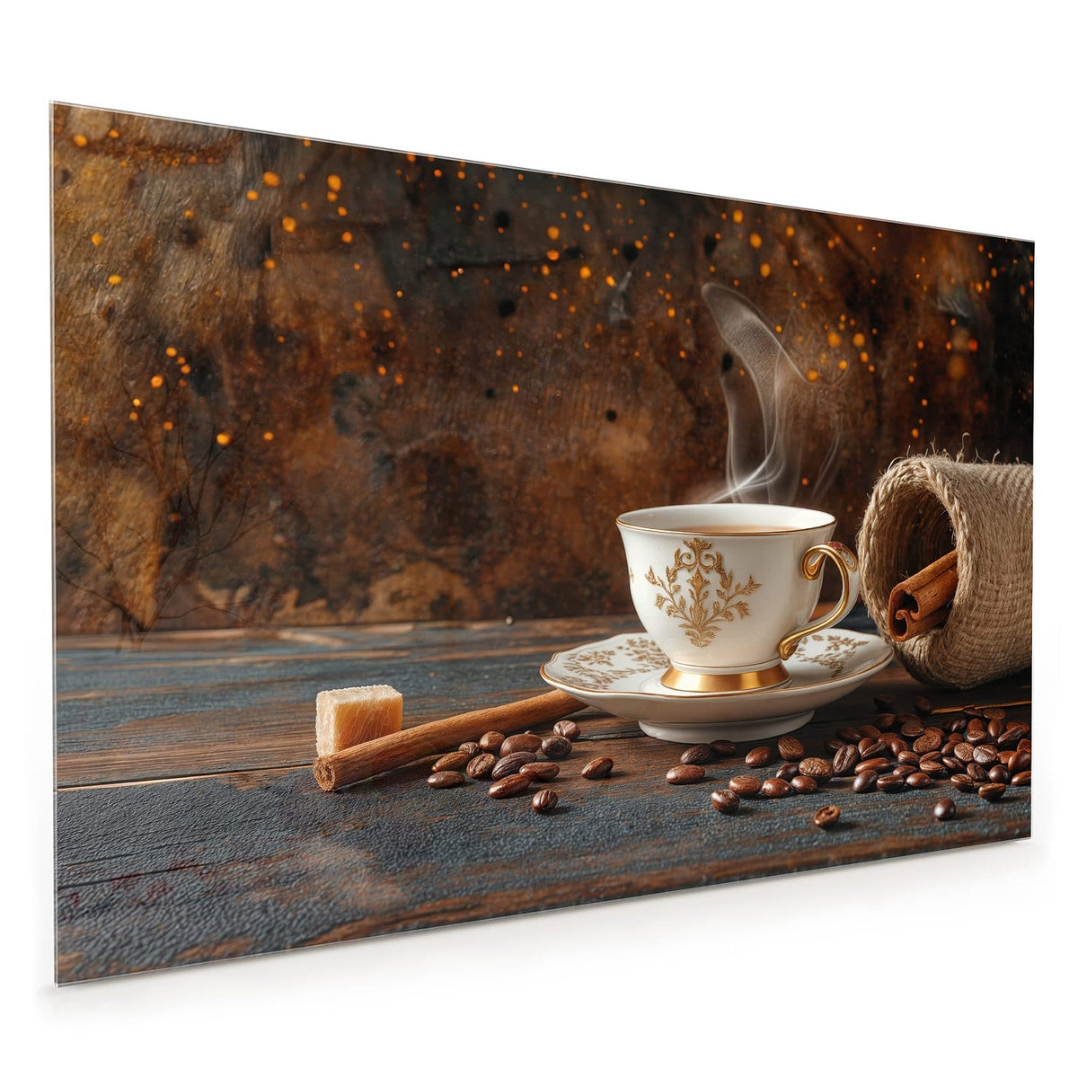 Küchenrückwand aus Glas im Hochformat mit Motiv Kaffee und Zimt: Weiß-goldene, verzierte Tasse mit Dampf, davor eine Zimtstange und brauner Zucker #grösse_40 x 60 cm #grösse_50 x 75 cm #grösse_60 x 90 cm #grösse_80 x 120 cm