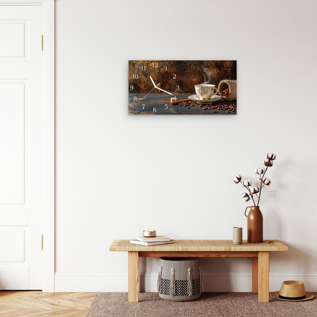 Moderne Wanduhr aus Glas mit Farbtiefe – Wanduhr Kaffee Und Zimt aus Glas – Querformat 60 × 30 cm