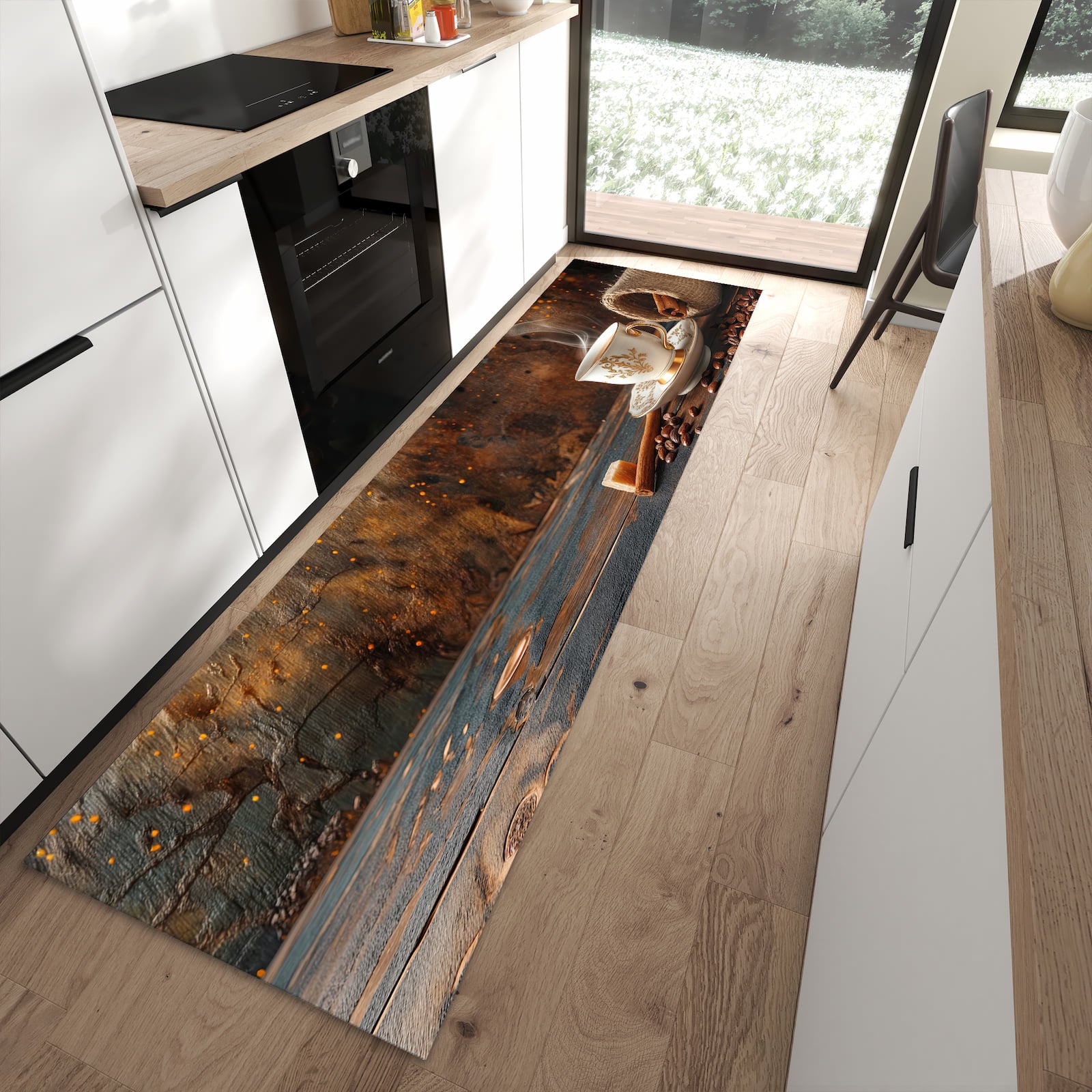 Schmutzabweisender Küchenteppich mit Motiv Kaffee Und Zimt in moderner Küche