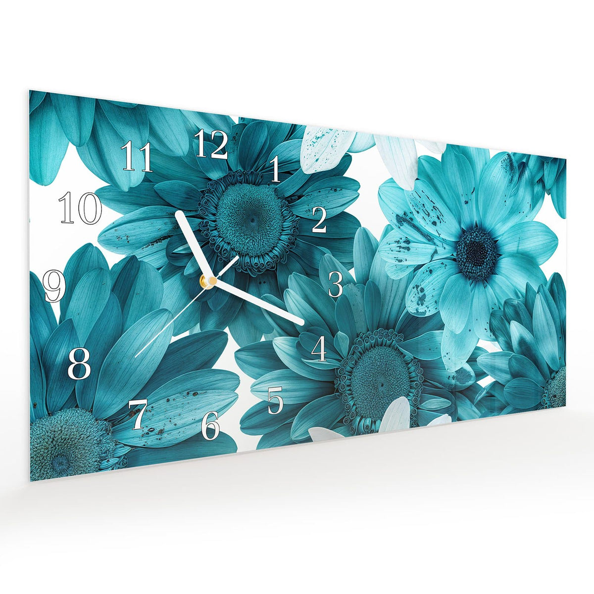 Vormontiert – mit Schwebeeffekt – Wanduhr Blaue Blütenpracht aus Glas – Querformat 60 × 30 cm