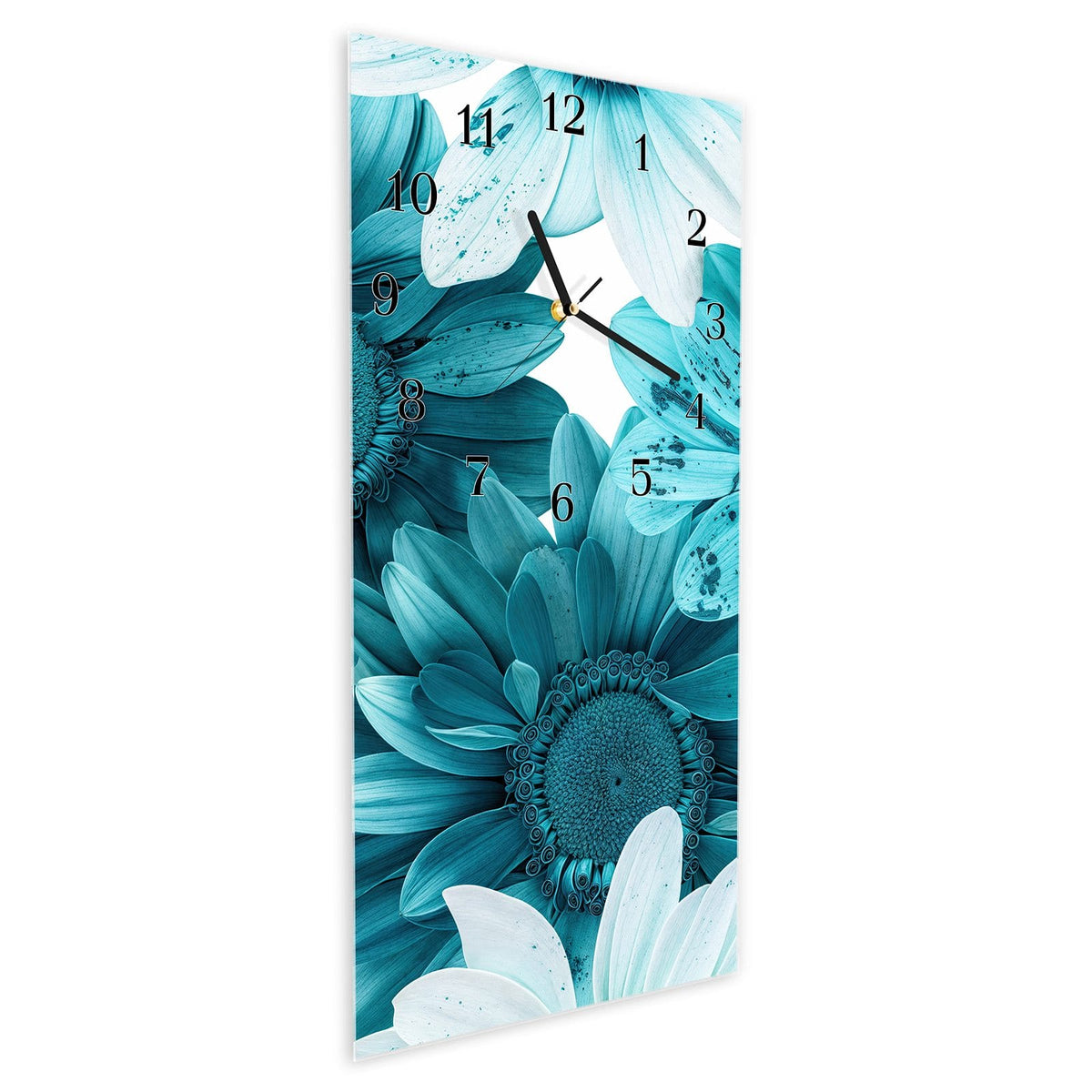 Vormontiert – mit Schwebeeffekt – Wanduhr Blaue Blütenpracht aus Glas – Hochformat 30 × 60 cm