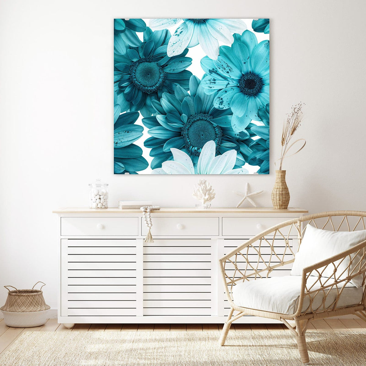 Echtglas, 4 mm – kein Acryl, keine Folie – Wandbild - Türkisblaue Blüten - Quadratisch