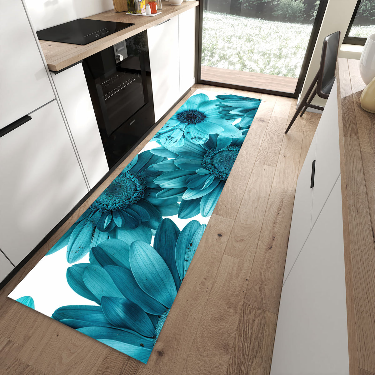 Bodenschonender langer Teppich mit Motiv Blaue Blütenpracht in moderner Küche