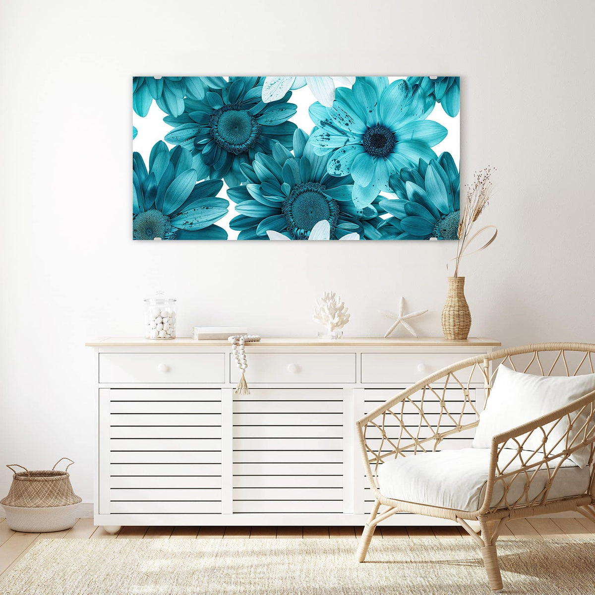 Echtglas, 4 mm – kein Acryl, keine Folie – Wandbild - Türkisblaue Blüten - Querformat