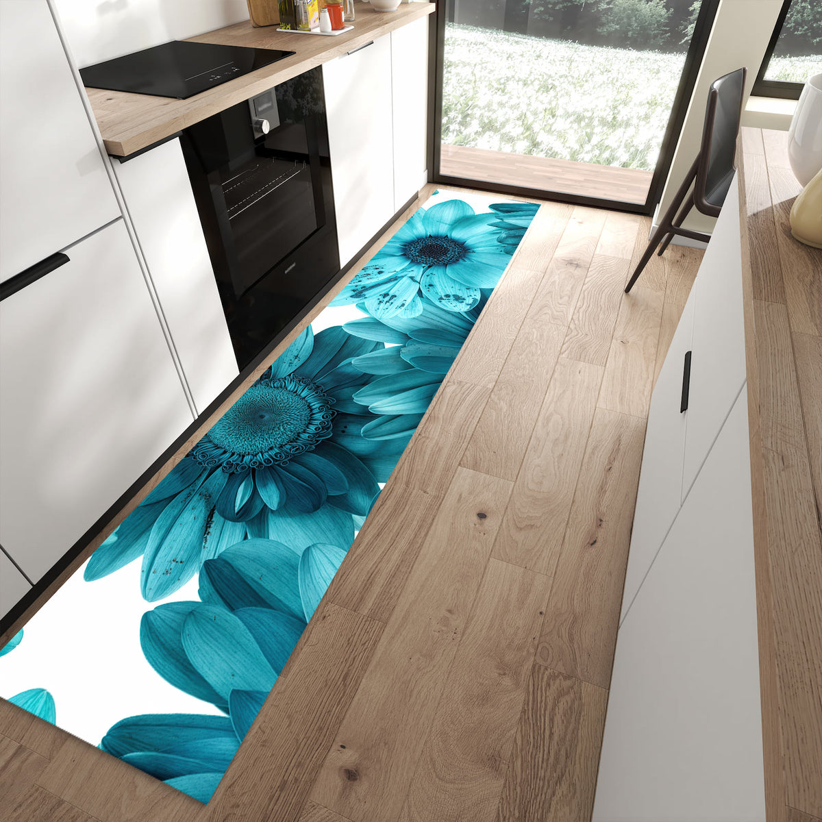 13 Größen – von 60 × 90 bis 80 × 300 cm – Küchenläufer - Türkisblaue Blüten