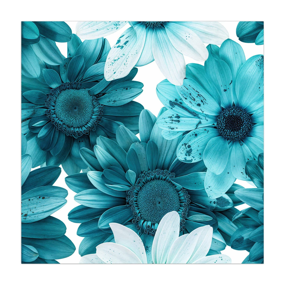 Küchenrückwand aus Glas Türkisblaue Blüten im quadratischen Format, Motiv bildfüllend von vorn