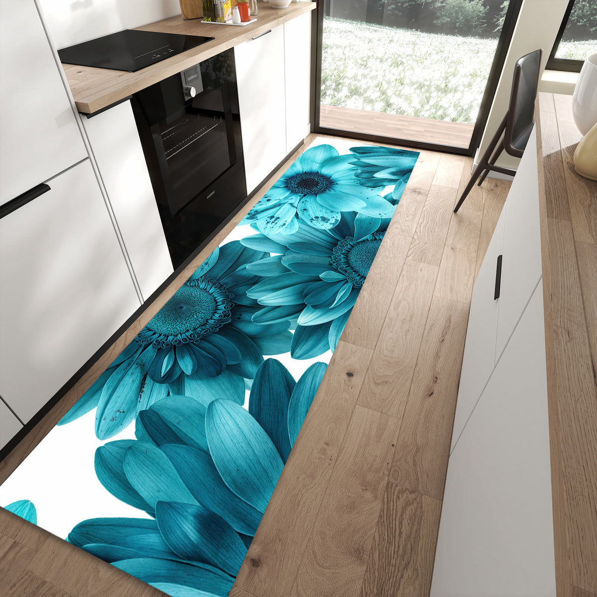 Küchenläufer mit Motiv Blaue Blütenpracht für Ordnung im Eingangsbereich moderner Küche