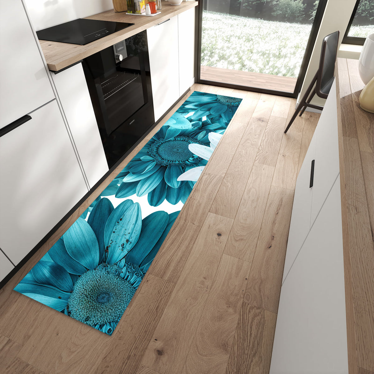 Strapazierfähiger Küchenläufer mit Motiv Blaue Blütenpracht in moderner Küche