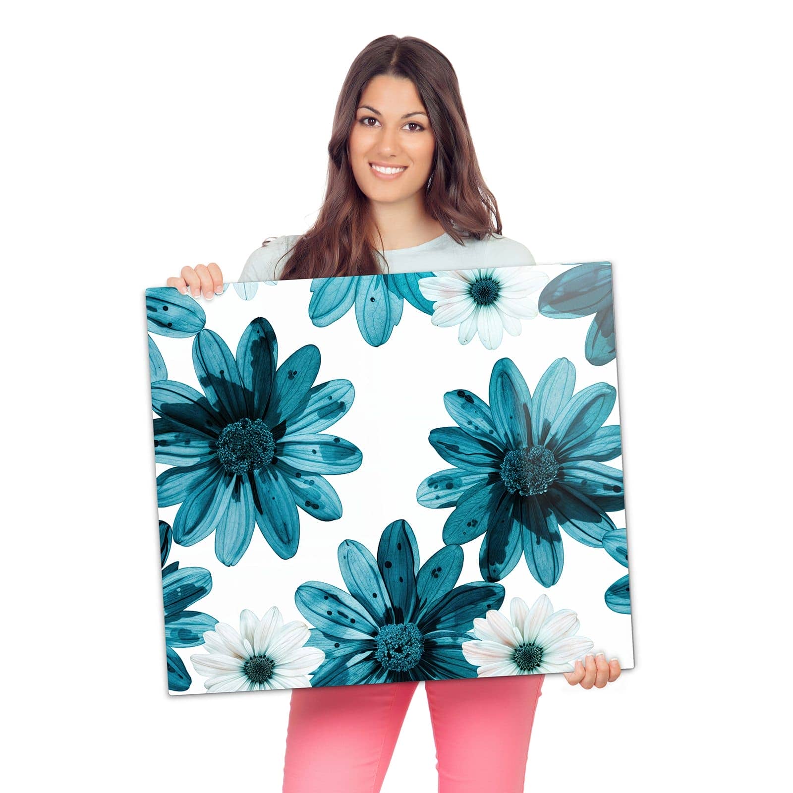 Ceranfeld-Abdeckplatten mit Blaues Blumenmuster-Motiv werden zur Größendarstellung gehalten