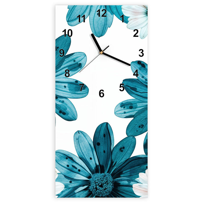 Wanduhr Blaues Blumenmuster aus Glas – Hochformat 30 × 60 cm mit Ziffernblatt Modern