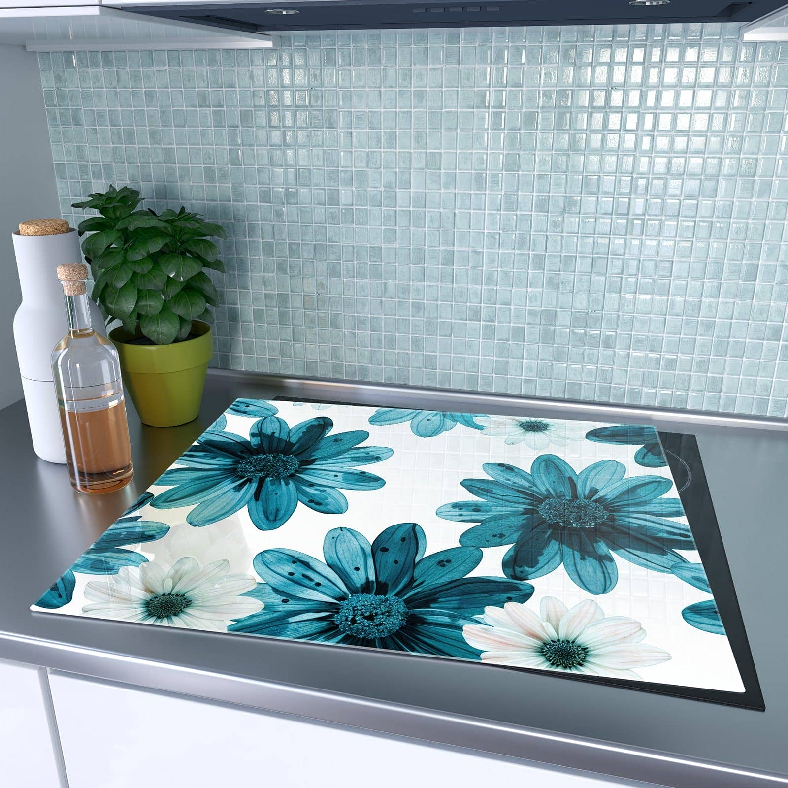 1-teilige Abdeckplatten für Ceranfeld mit Blaues Blumenmuster-Motiv auf dem Ceranfeld
