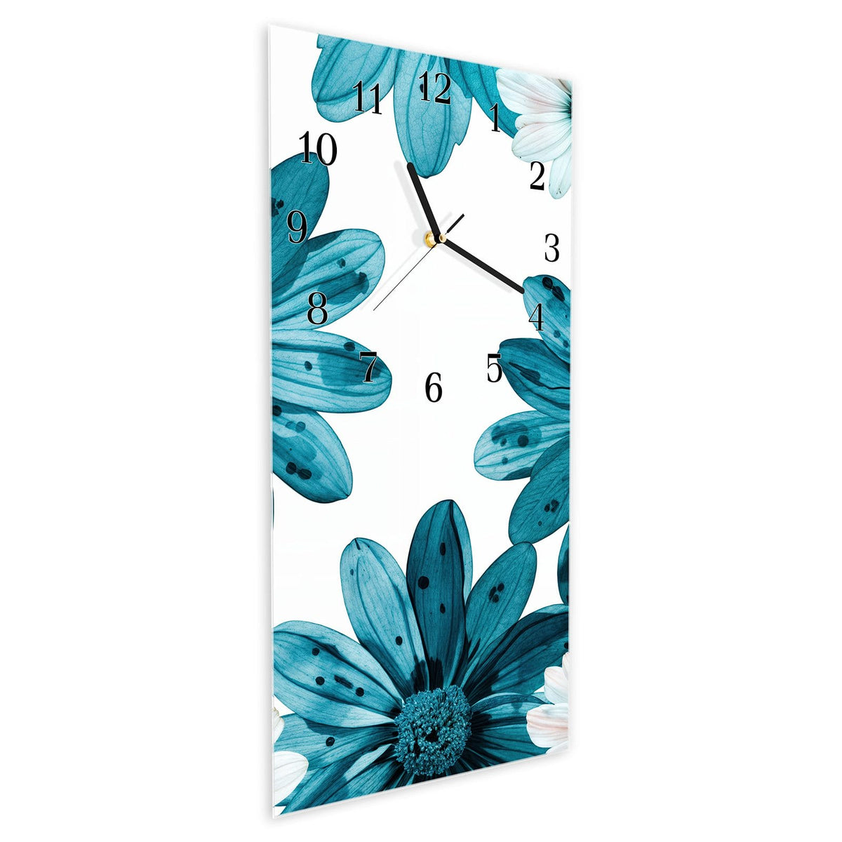 Vormontiert – mit Schwebeeffekt – Wanduhr Blaues Blumenmuster aus Glas – Hochformat 30 × 60 cm