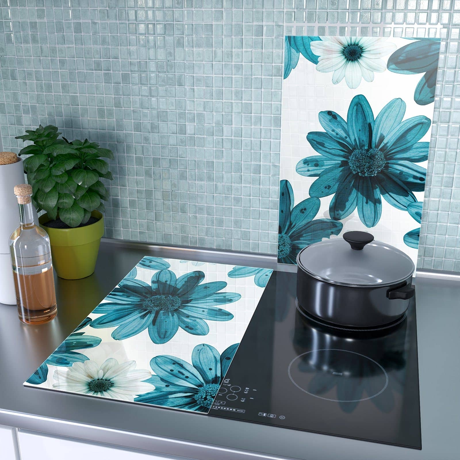 2-teilige Herd Schutzplatte mit Blaues Blumenmuster-Motiv als Spritzschutz hinter dem Kochfeld