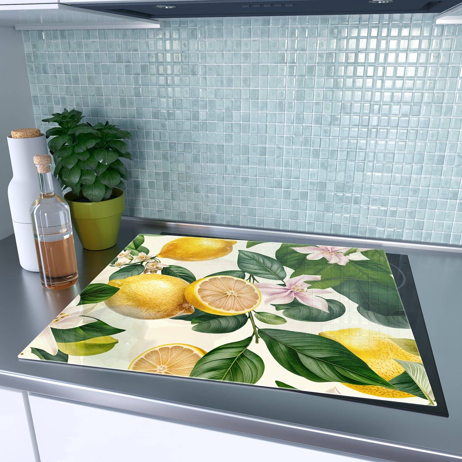 1-teilige Herdabdeckplatten für Ceranfeld mit Zitronenblumen-Motiv auf dem Ceranfeld