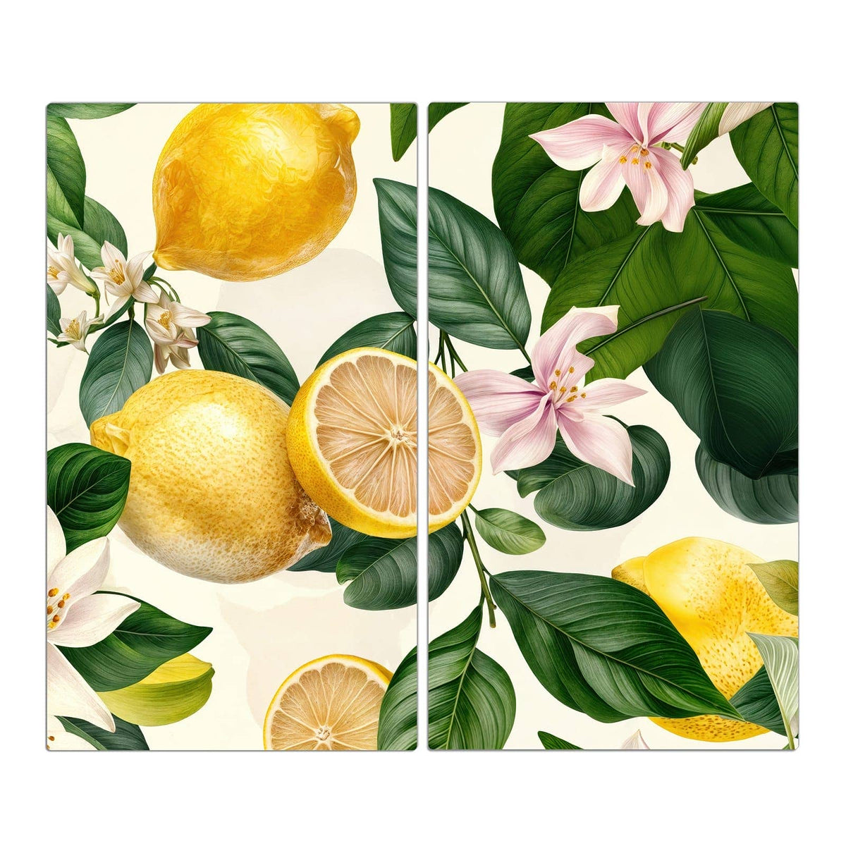 Illustration mit ganzen und halbierten Zitronen, großen grünen Blättern sowie rosa und weißen Blüten auf Creme