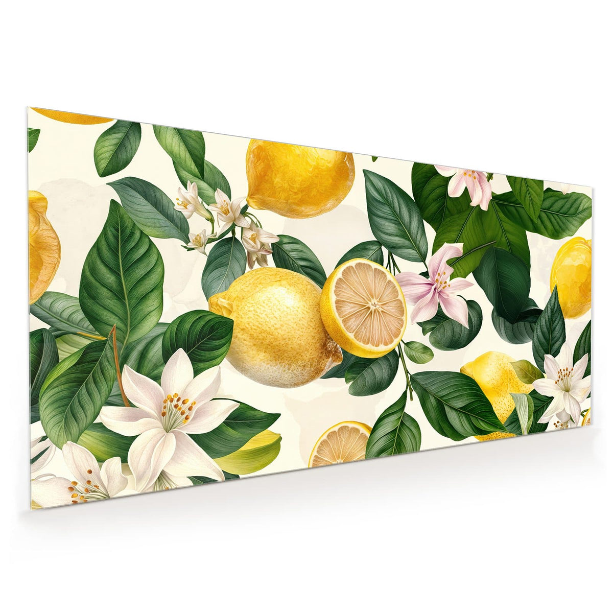 Küchenrückwand aus Glas im Hochformat: Illustration mit ganzen und halbierten Zitronen, großen grünen Blättern sowie rosa und weißen Blüten auf Creme