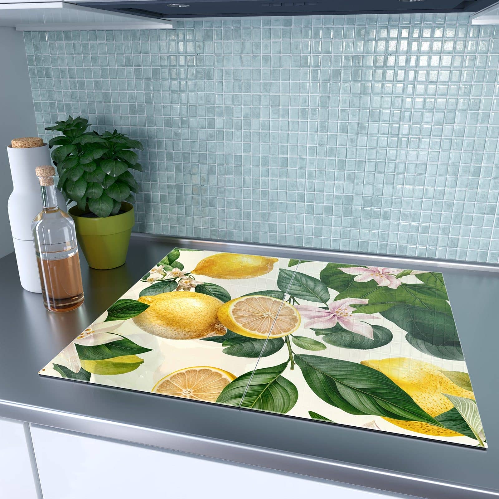 2-teilige Herdabdeckplatten aus Glas mit Zitronenblumen-Motiv auf dem Ceranfeld