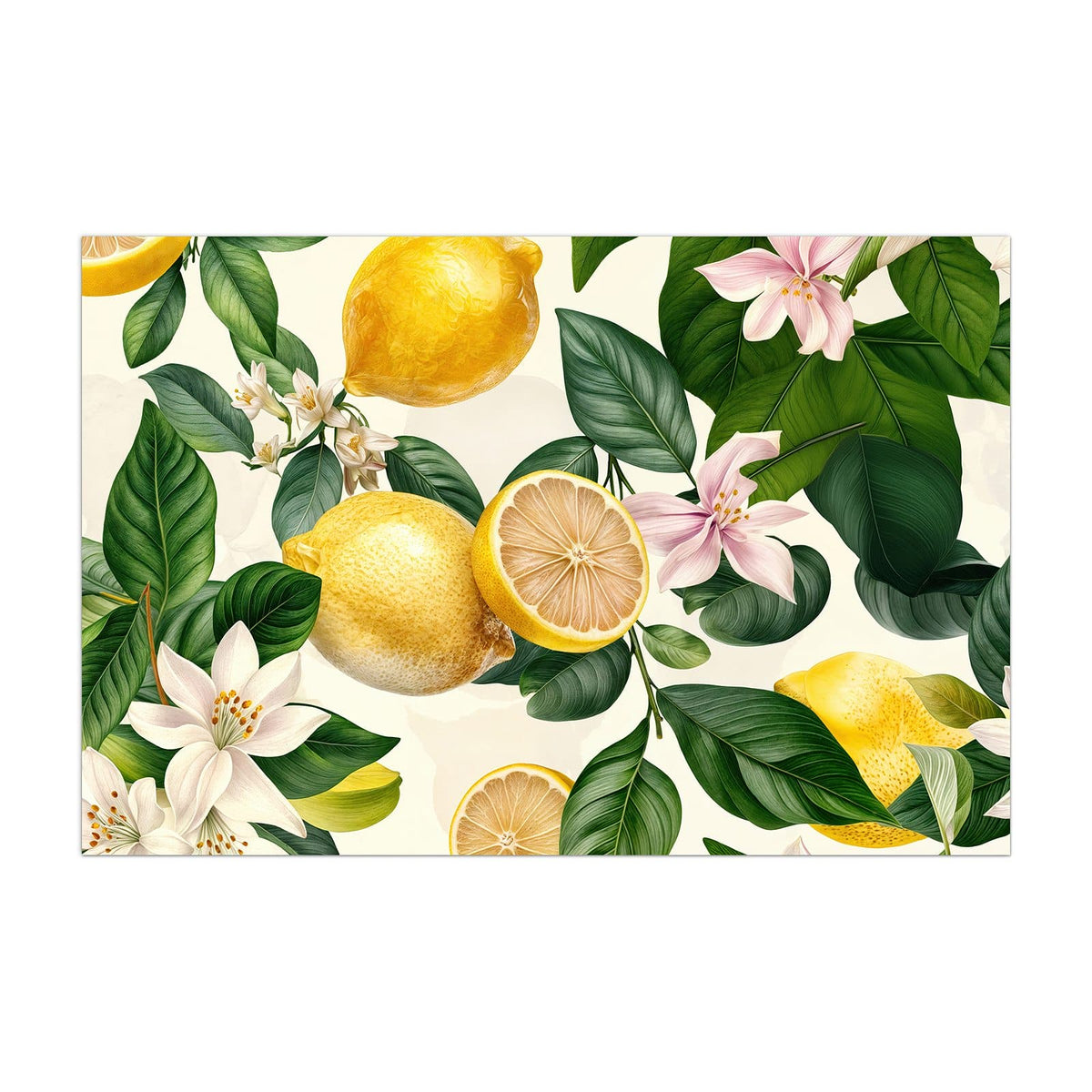 Küchenrückwand aus Glas Zitronen und Blüten im Hochformat, Motiv bildfüllend von vorn