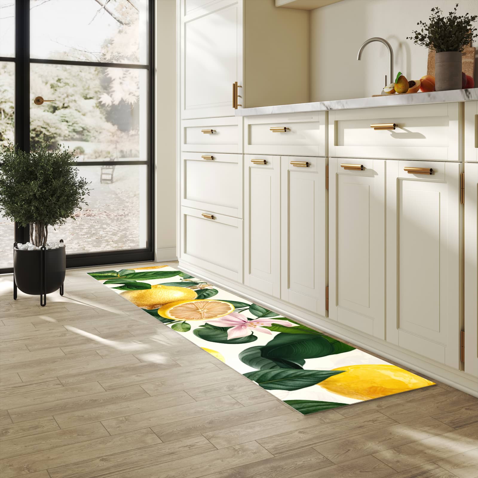 Wasserabweisender Teppichläufer mit Motiv Zitronenblumen in heller Küche