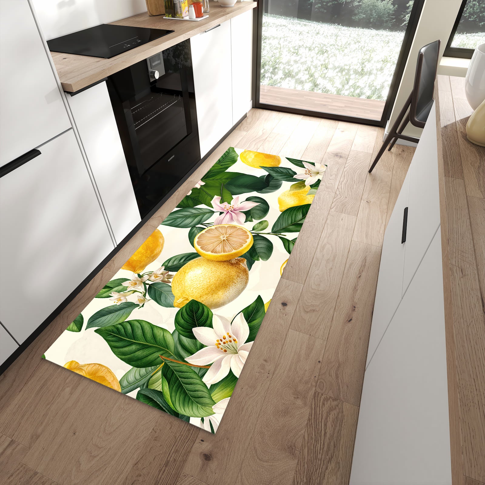 Feuchtigkeitsresistenter Teppichläufer mit Motiv Zitronenblumen in moderner Küche