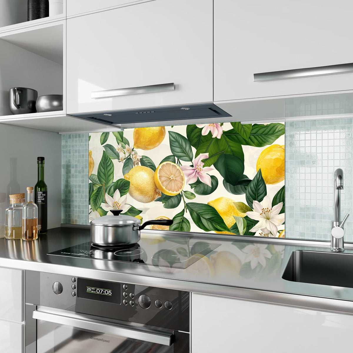 Küchenrückwand aus Glas Zitronen und Blüten im Hochformat als Spritzschutz hinter dem Kochfeld, über dem Fliesenspiegel montiert