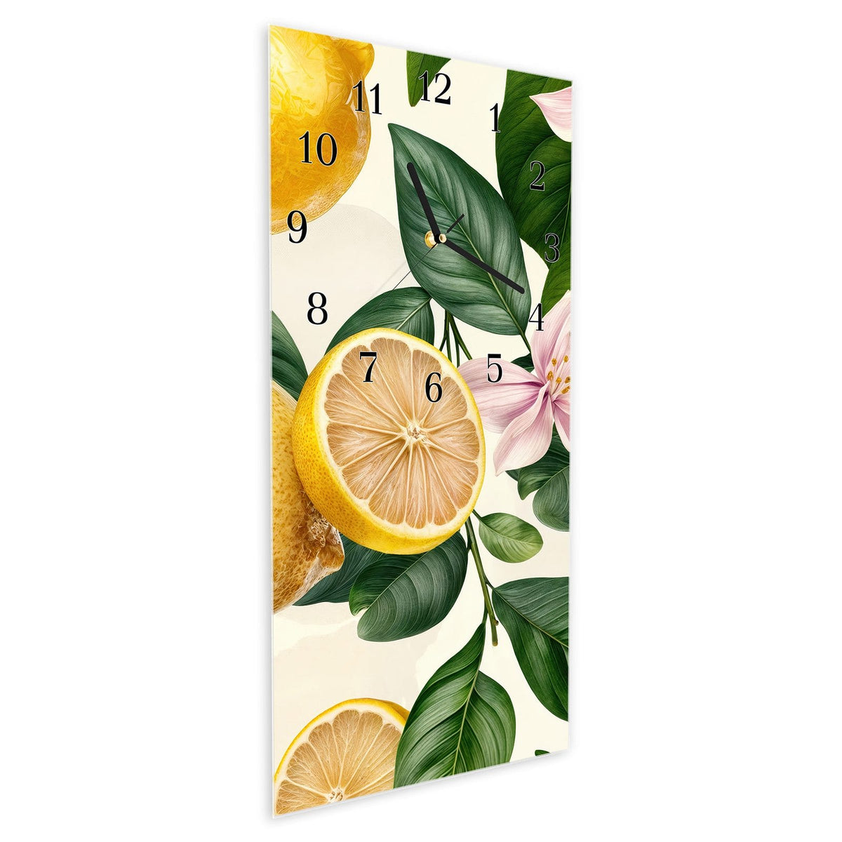 Vormontiert – mit Schwebeeffekt – Wanduhr Zitronenblumen aus Glas – Hochformat 30 × 60 cm