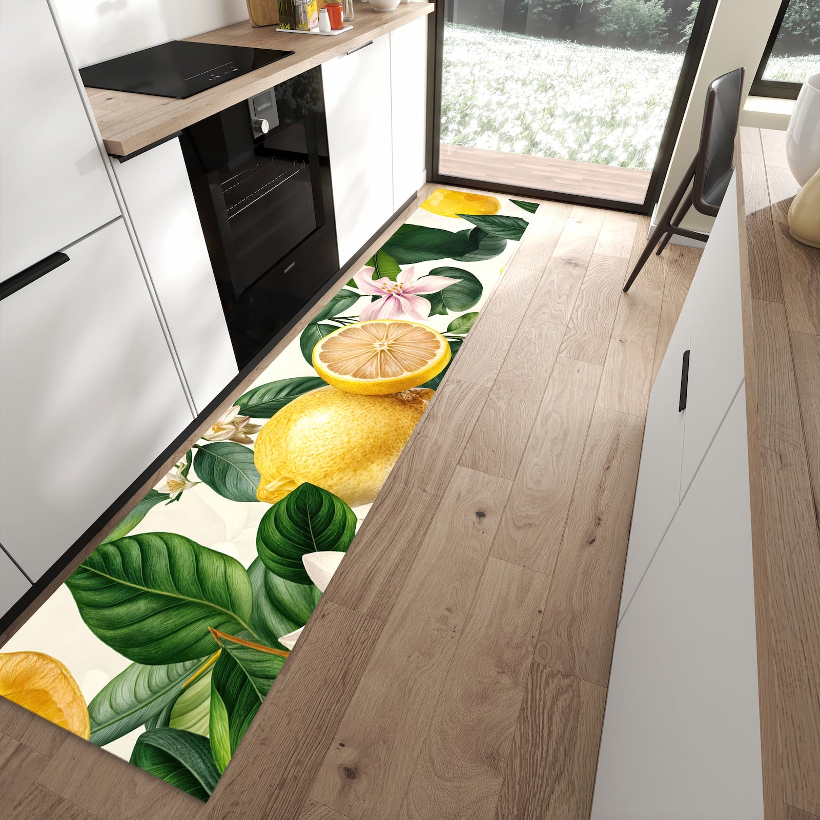 Langlebiger Küchenläufer mit Motiv Zitronenblumen in moderner Küche