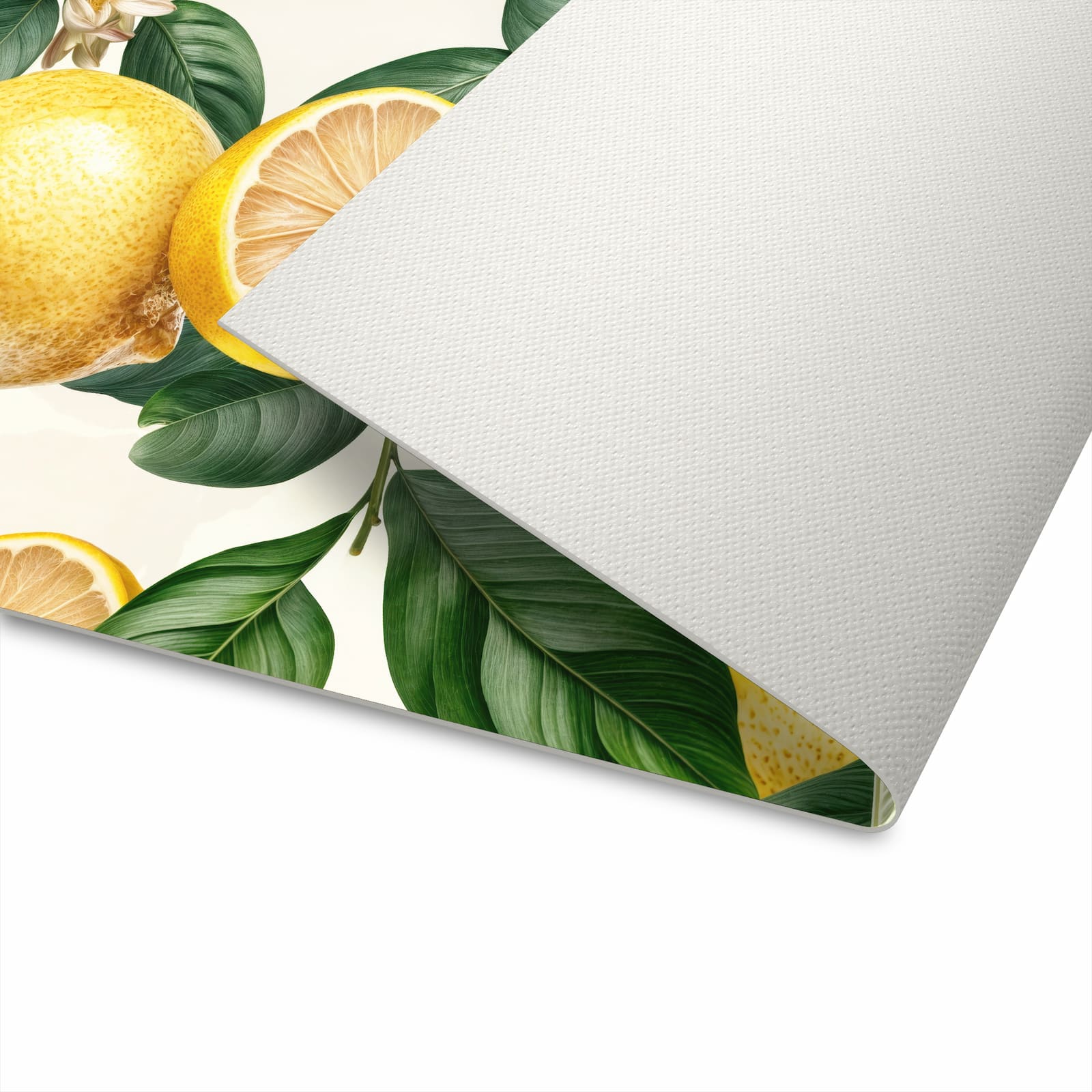 Pflegeleichter Teppich für die Küche mit Motiv Zitronenblumen auf Unterseite