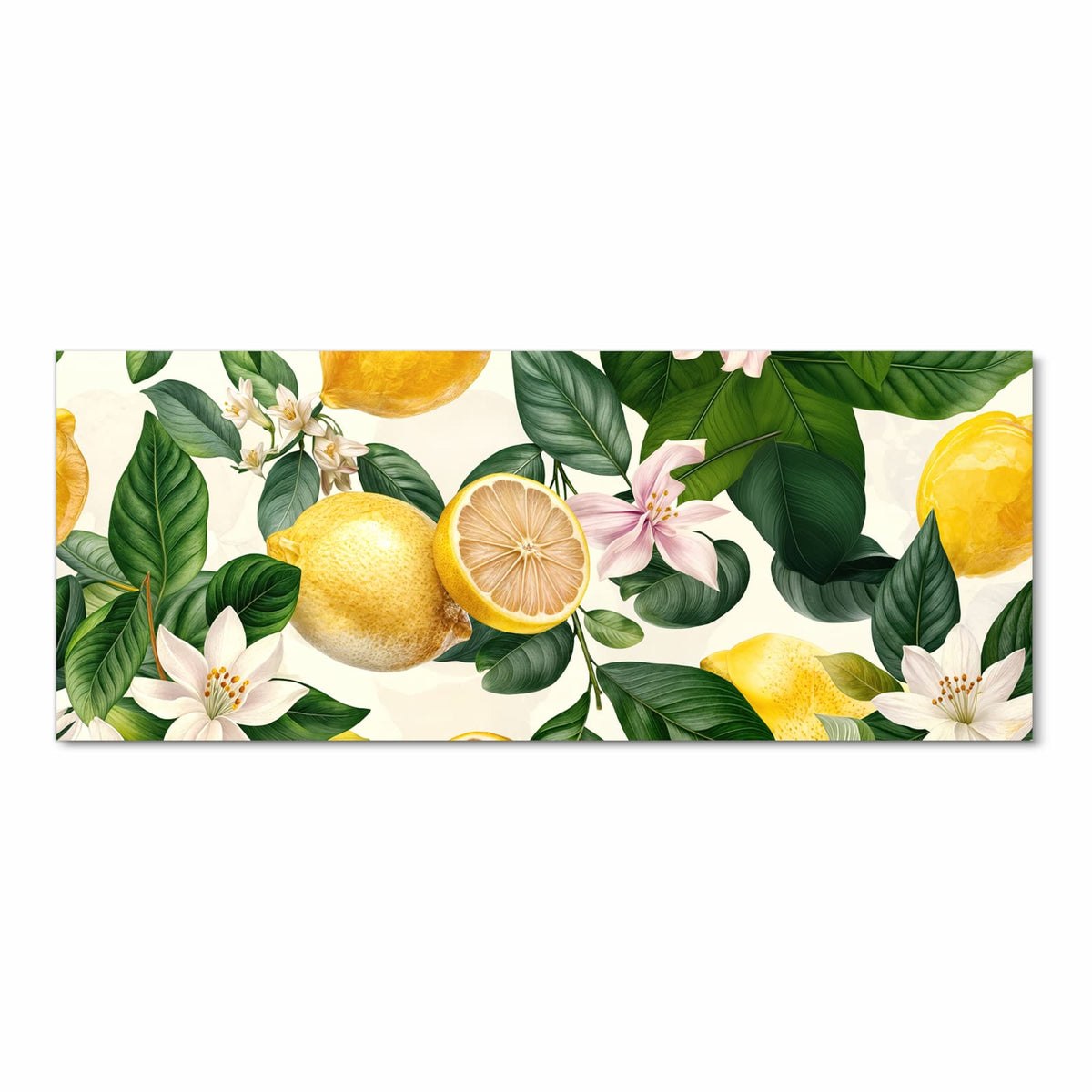 Illustration mit ganzen und halbierten Zitronen, großen grünen Blättern sowie rosa und weißen Blüten auf Creme