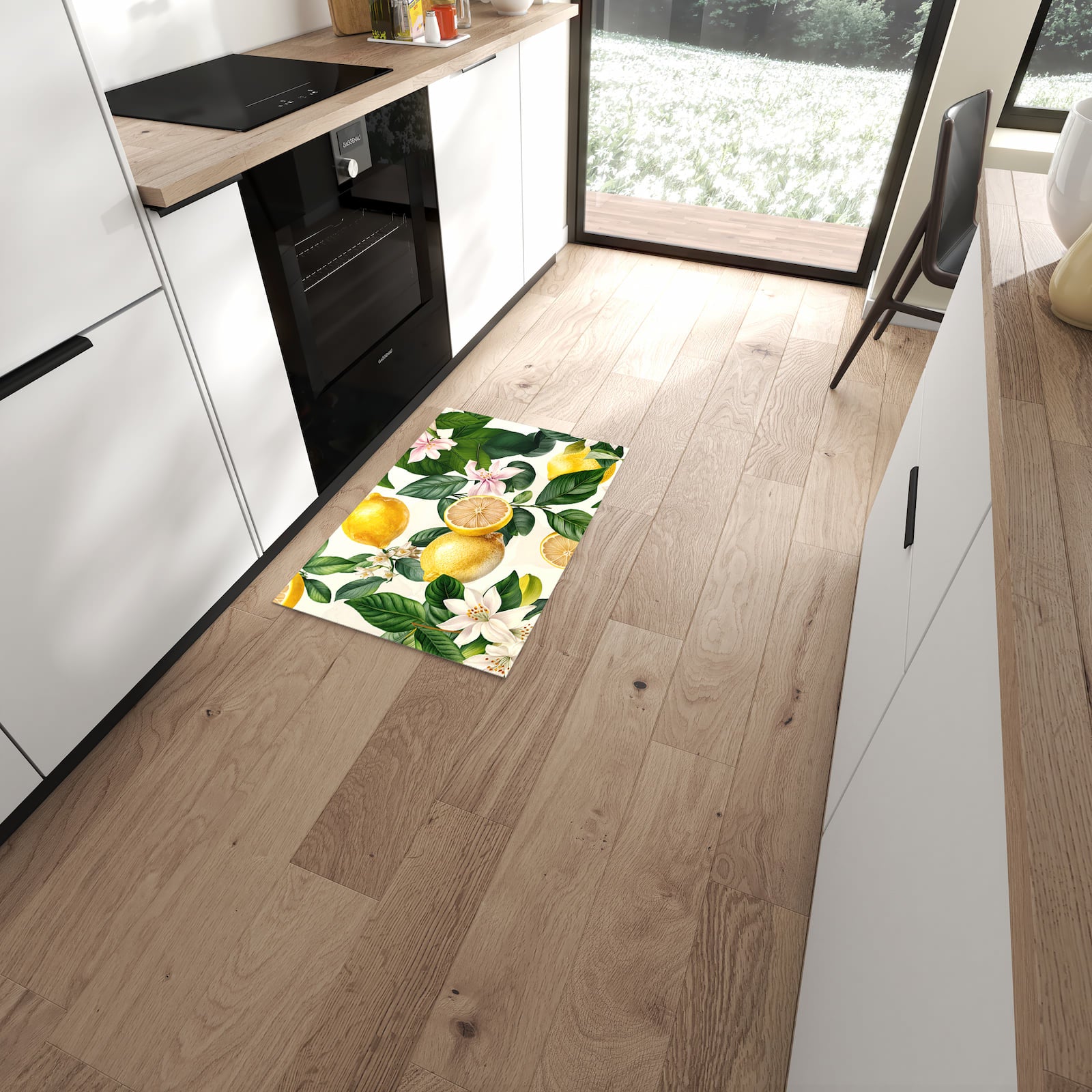 Rutschfester Küchenläufer mit Motiv Zitronenblumen in moderner Küche