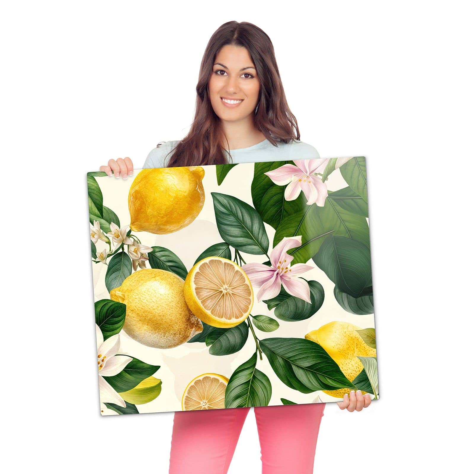 Glasabdeckplatte für Ceranfeld mit Zitronenblumen-Motiv wird zur Größendarstellung gehalten