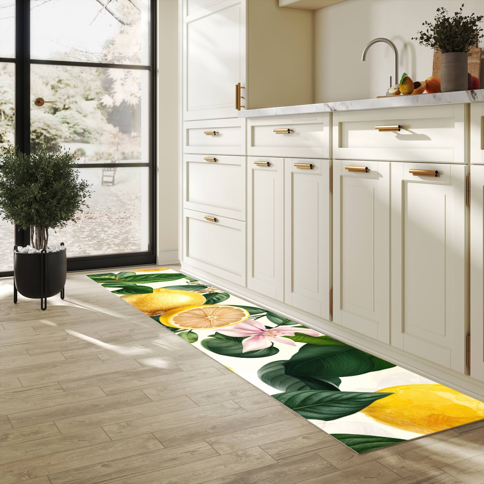 Fleckenresistenter waschbarer Läufer mit Motiv Zitronenblumen in heller Küche