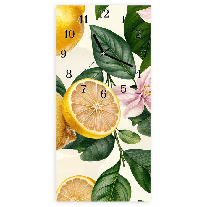 Wanduhr Zitronenblumen aus Glas – Hochformat 30 × 60 cm mit Ziffernblatt Klassisch