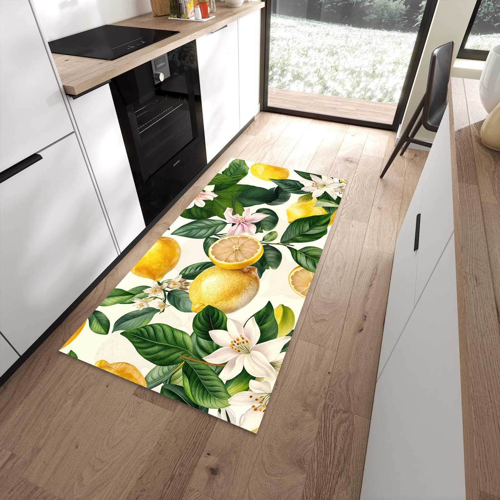 Farbbeständiger Läufer für den Eingangsbereich mit Motiv Zitronenblumen in moderner Küche