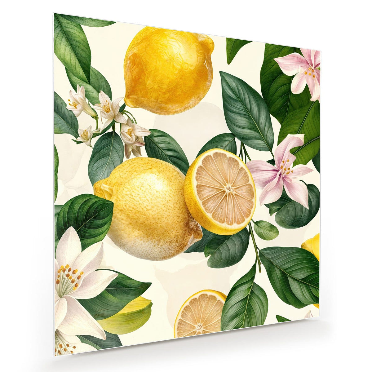 Illustration mit ganzen und halbierten Zitronen, großen grünen Blättern sowie rosa und weißen Blüten auf Creme
