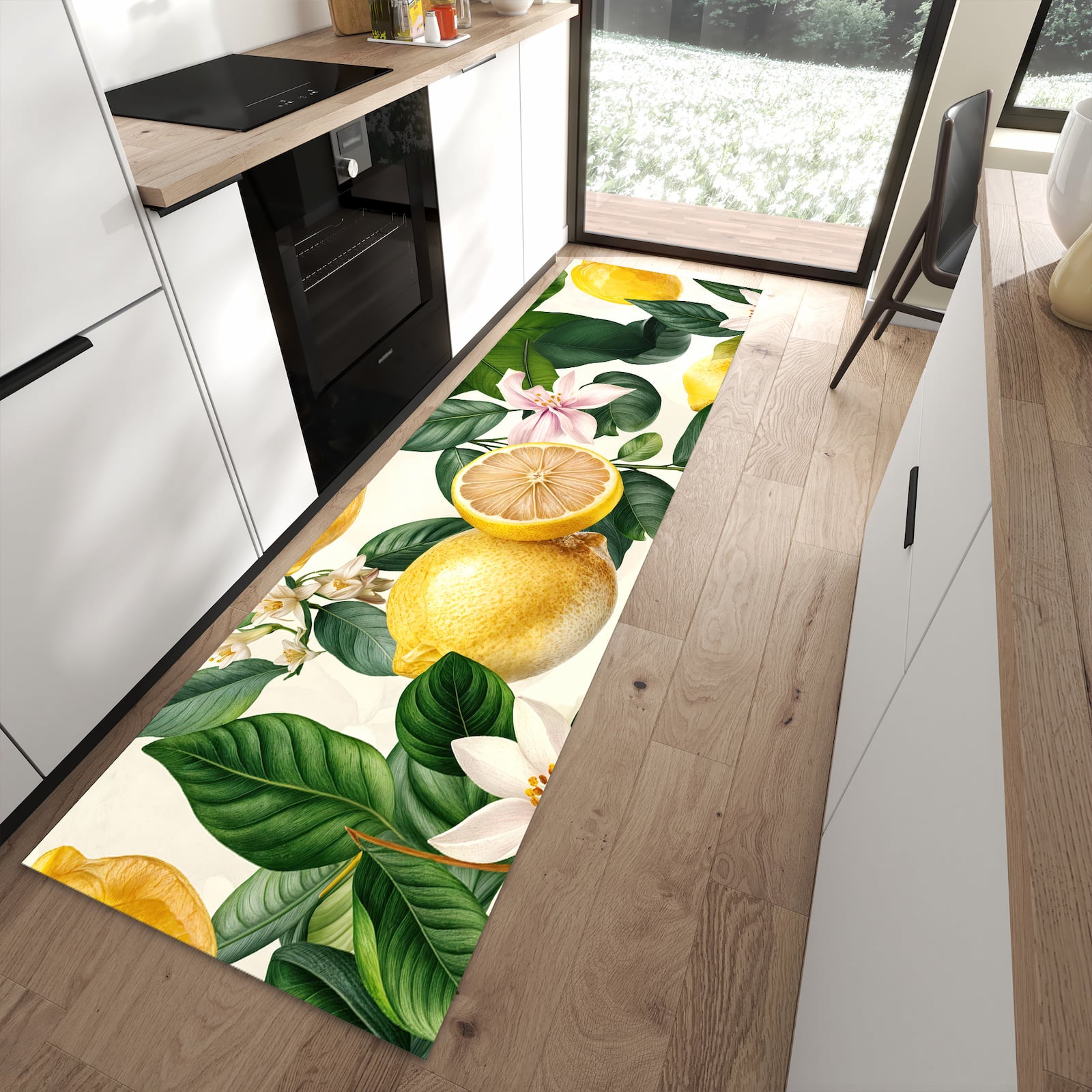 Waschbarer Küchenläufer mit Motiv Zitronenblumen für Ordnung in moderner Küche