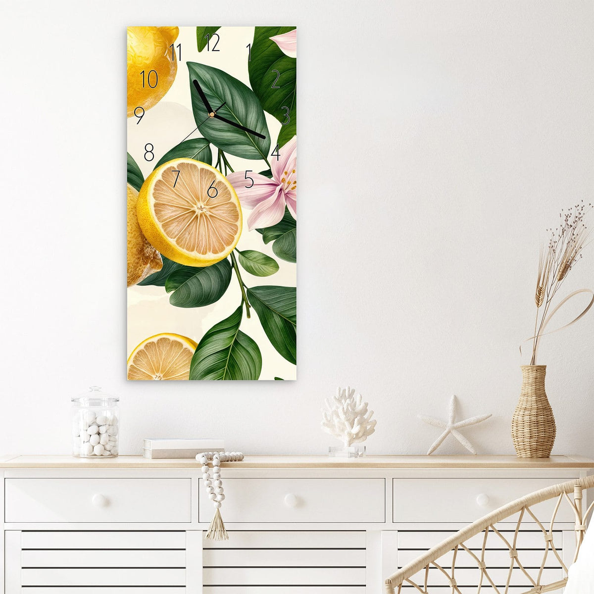 Wanduhr Zitronenblumen aus Glas – Zitronen mit Blättern und Blüten