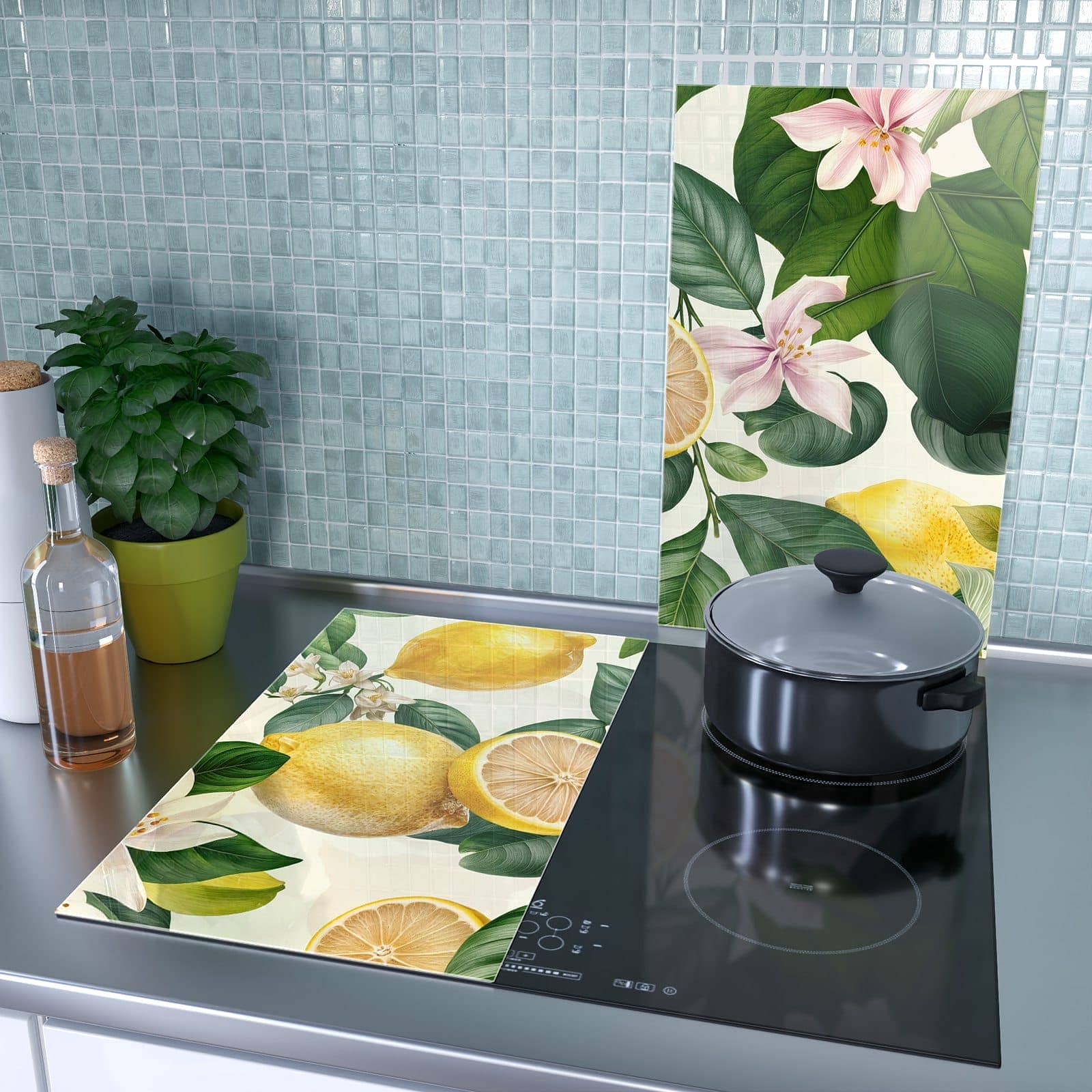 2-teilige Abdeckung für Herdplatte mit Zitronenblumen-Motiv als Spritzschutz hinter dem Kochfeld