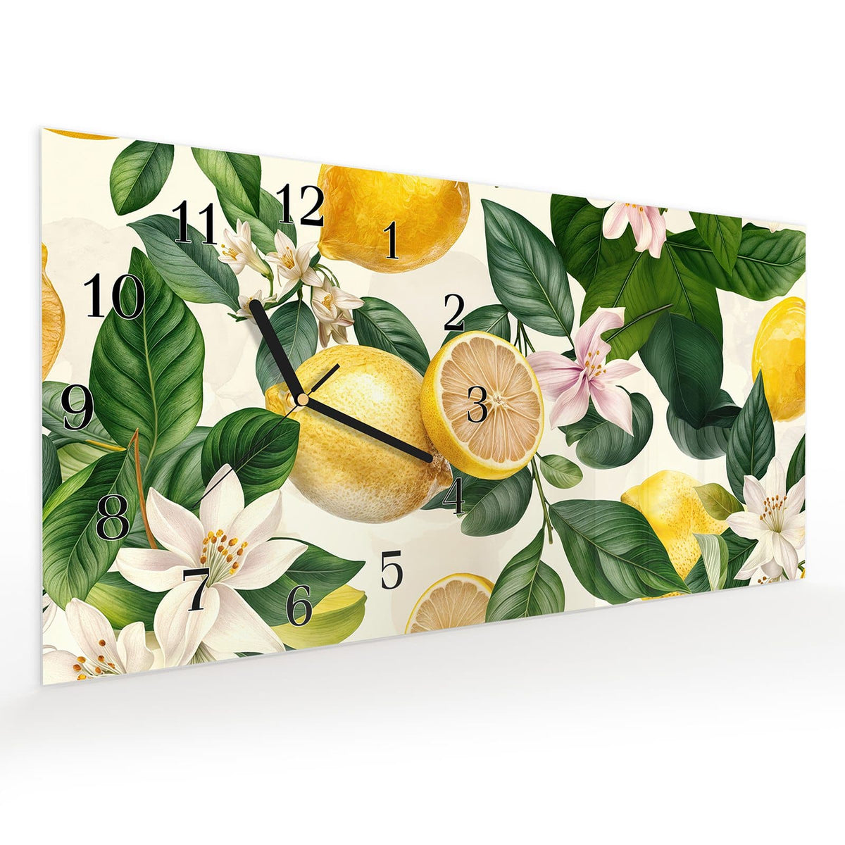 Vormontiert – mit Schwebeeffekt – Wanduhr Zitronenblumen aus Glas – Querformat 60 × 30 cm