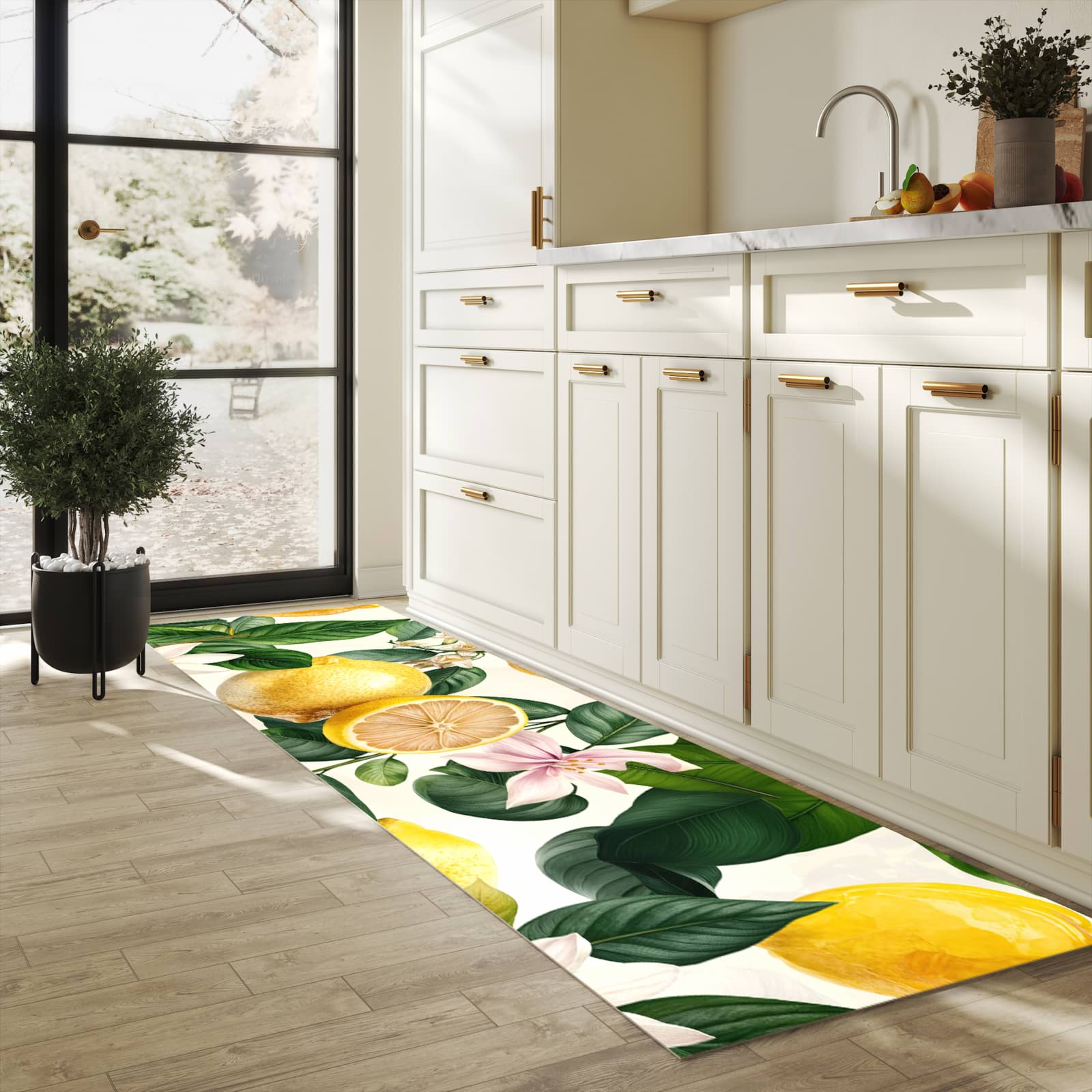 Pflegeleichter dünner Teppich mit Motiv Zitronenblumen in heller Küche