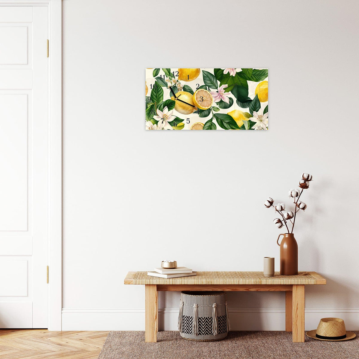 Moderne Wanduhr aus Glas mit Farbtiefe – Wanduhr Zitronenblumen aus Glas – Querformat 60 × 30 cm