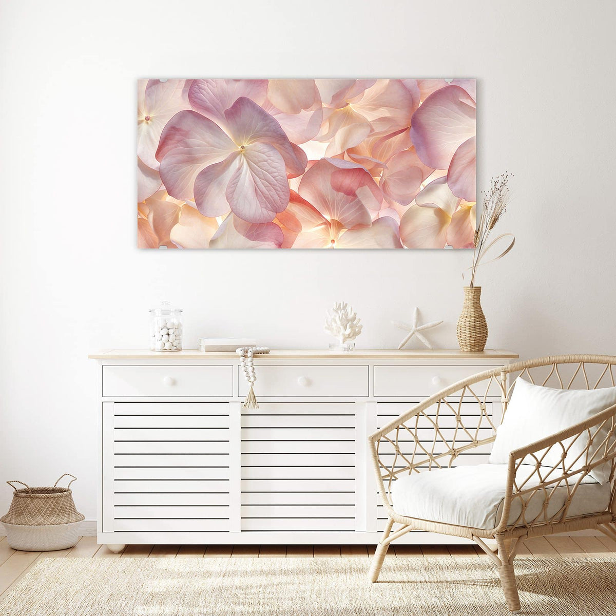 Echtglas, 4 mm – kein Acryl, keine Folie – Wandbild - Hortensien in Pastell - Querformat