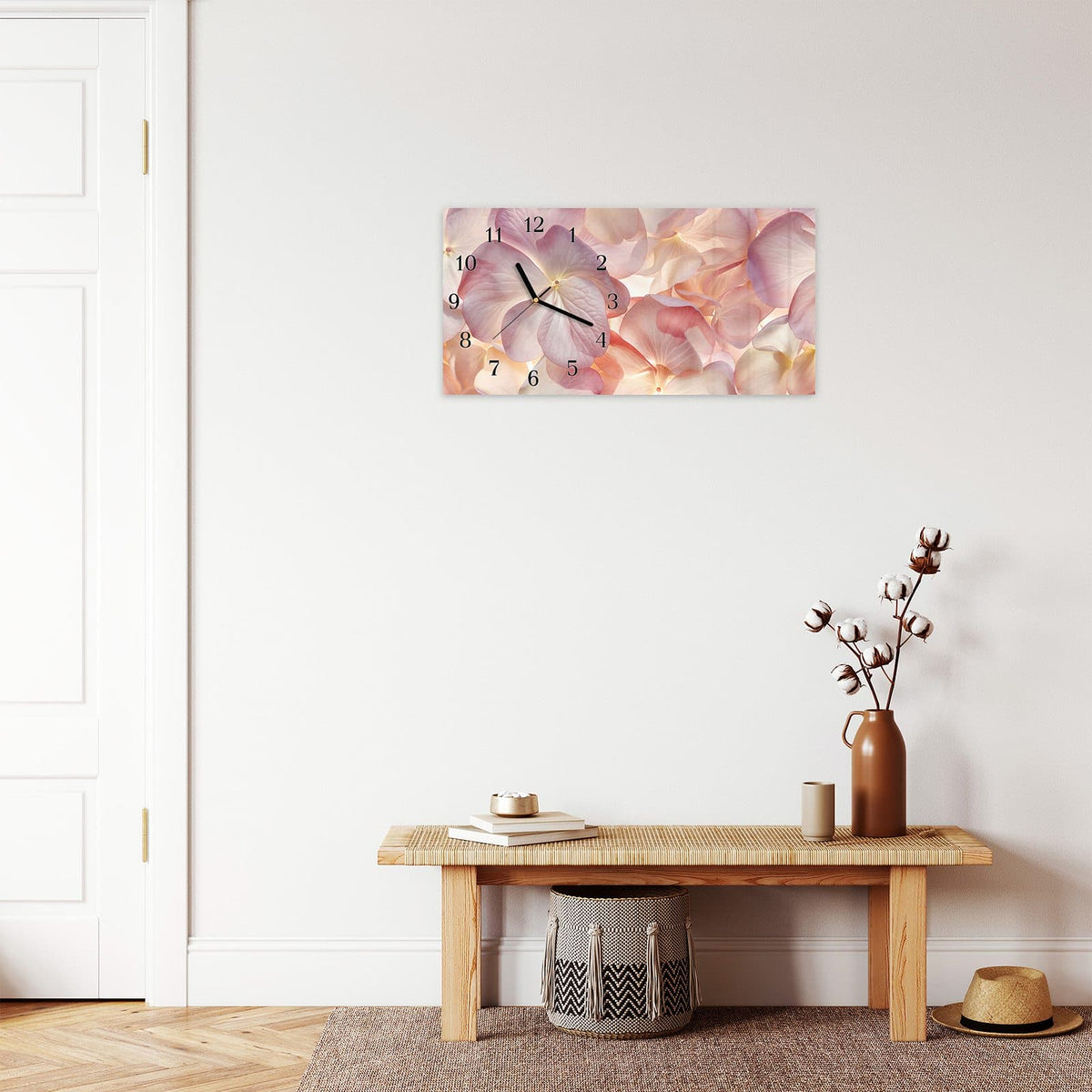 Moderne Wanduhr aus Glas mit Farbtiefe – Wanduhr Pastellblütenzauber aus Glas – Querformat 60 × 30 cm