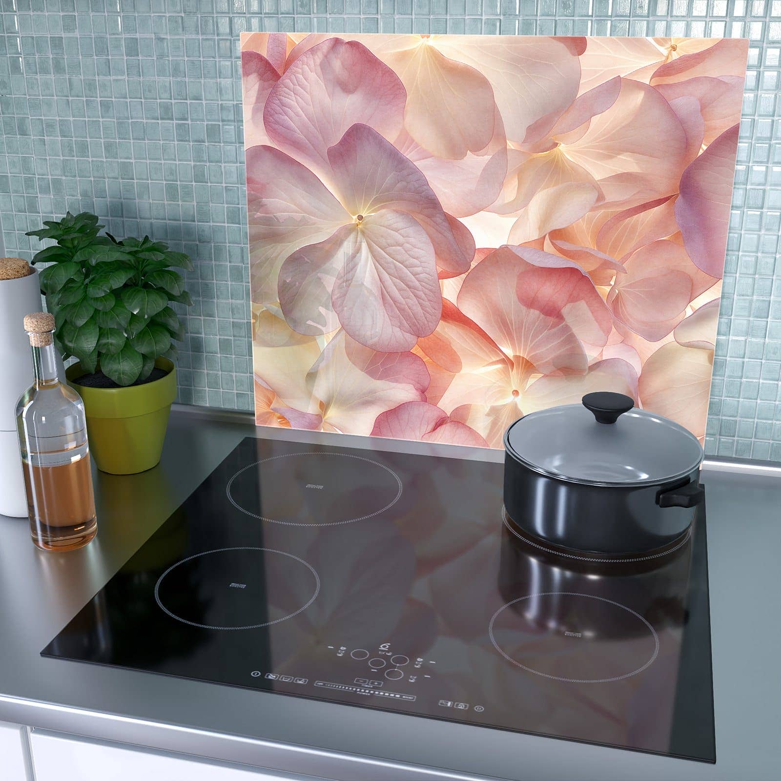 1-teilige Herdabdeckplatte aus Glas mit Pastellblütenzauber-Motiv als Spritzschutz hinter dem Kochfeld