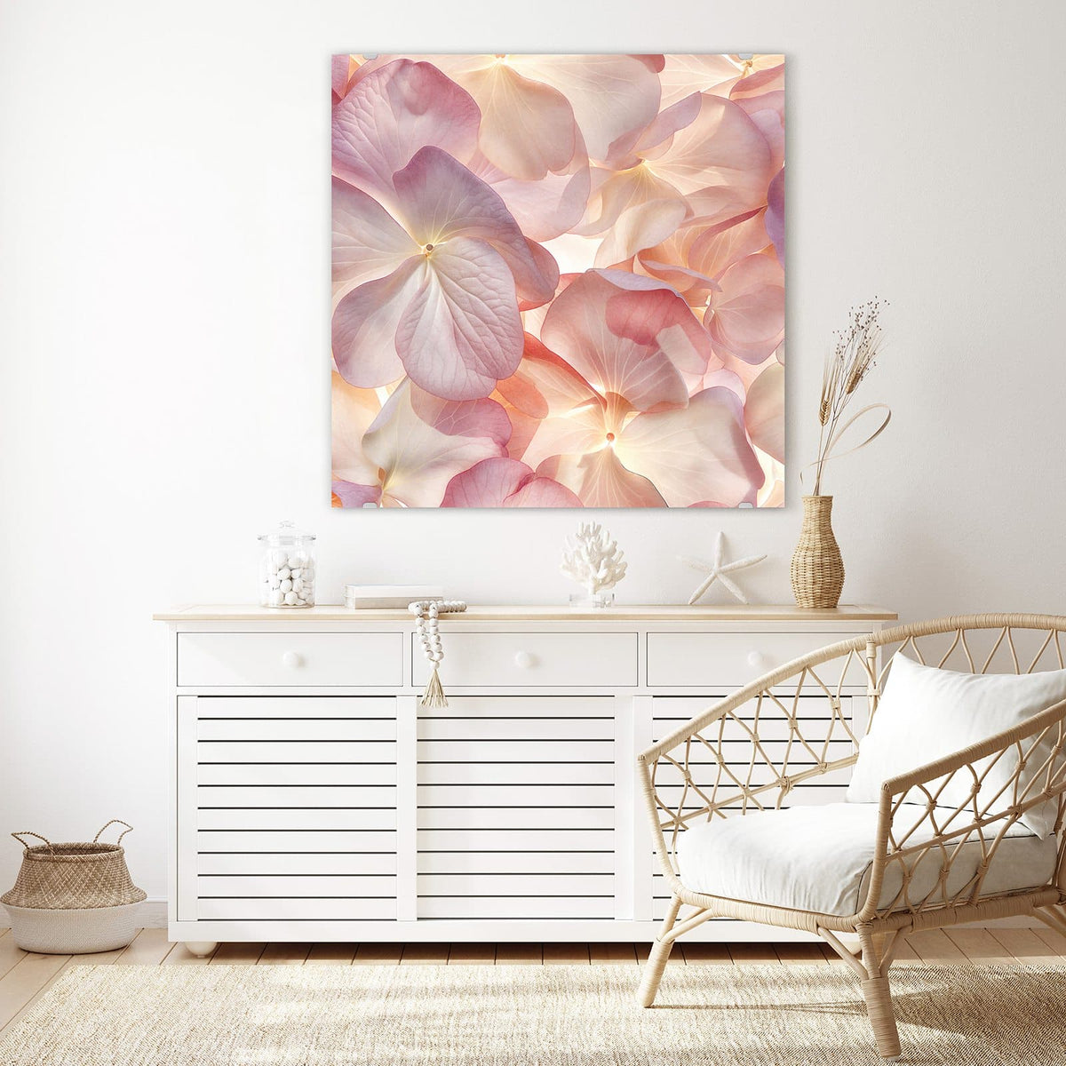 Echtglas, 4 mm – kein Acryl, keine Folie – Wandbild - Hortensien in Pastell - Quadratisch