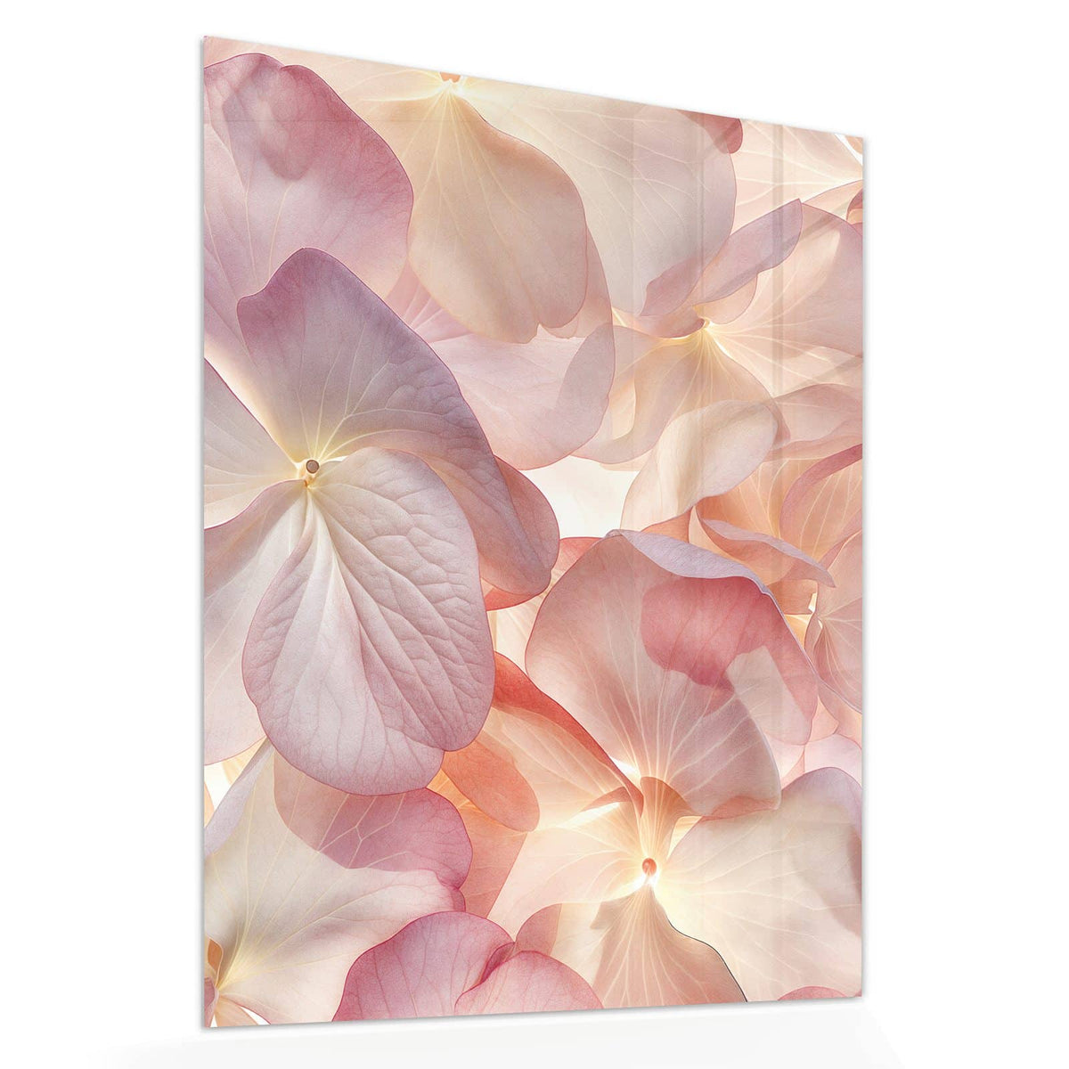 Echtglas, 4 mm – kein Acryl, keine Folie – Wandbild - Hortensien in Pastell - Hochformat