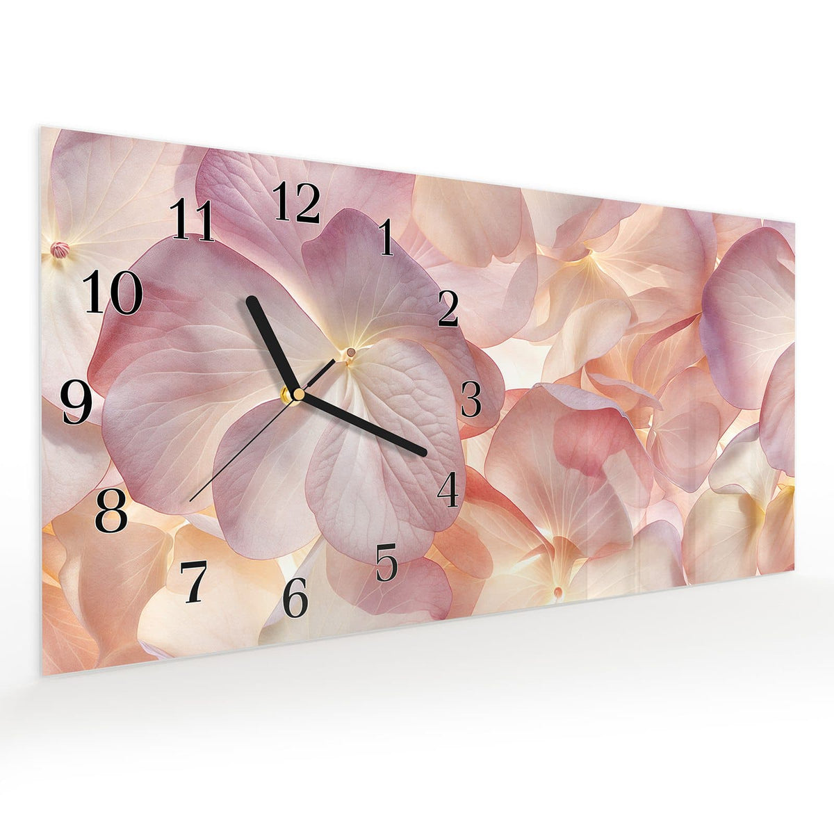 Vormontiert – mit Schwebeeffekt – Wanduhr Pastellblütenzauber aus Glas – Querformat 60 × 30 cm